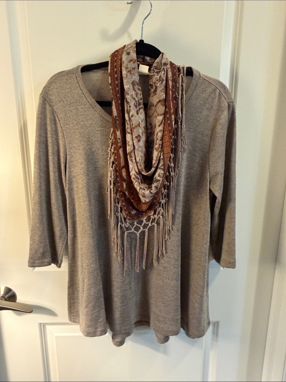 Tan Blouse with Brown and Cream Fringe Infinity Scarf Necklace